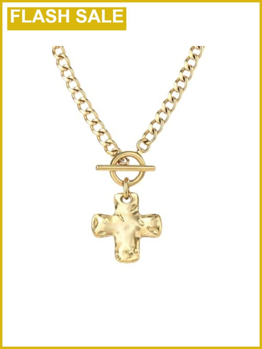 14K Gold Plated Hammered Cross Pendant Necklace Chunky Curb Chain Women